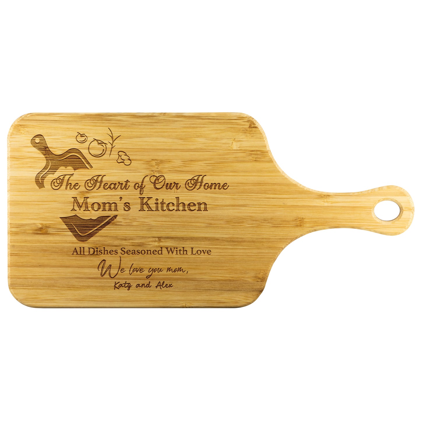 MOM'S PERSONALIZED BAMBOO CUTTING BOARD WITH HANDLE